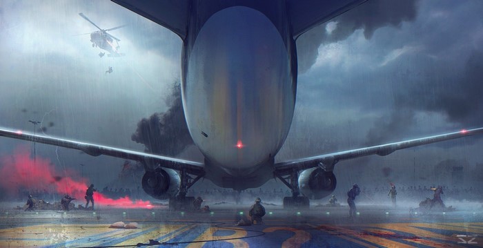 Airplane on tarmac during storm with military personnel