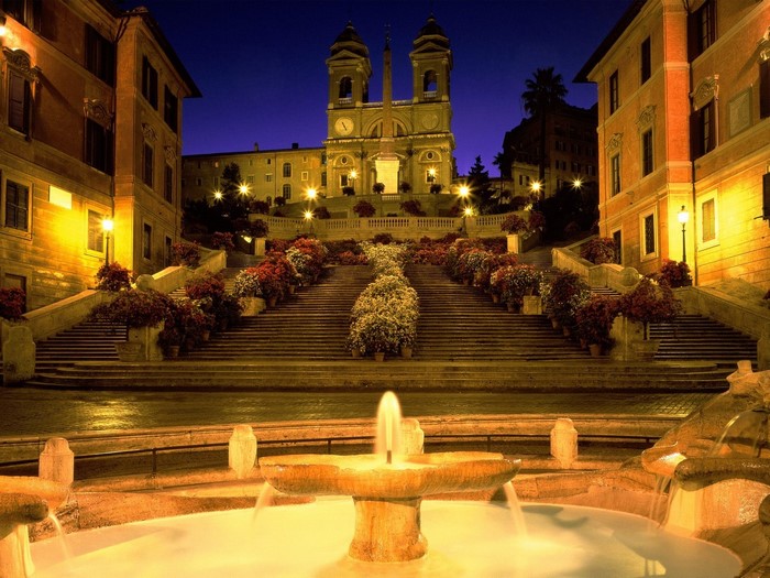Spanish Steps and Trinità dei Monti church at night in Rome