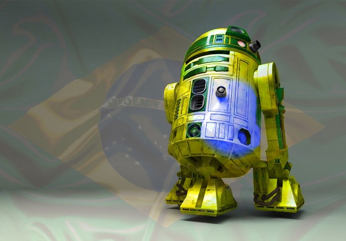 R2-D2 painted with the Brazilian flag