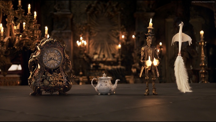 Cogsworth, Mrs. Potts, Lumiere, and Plumette from Beauty and the Beast