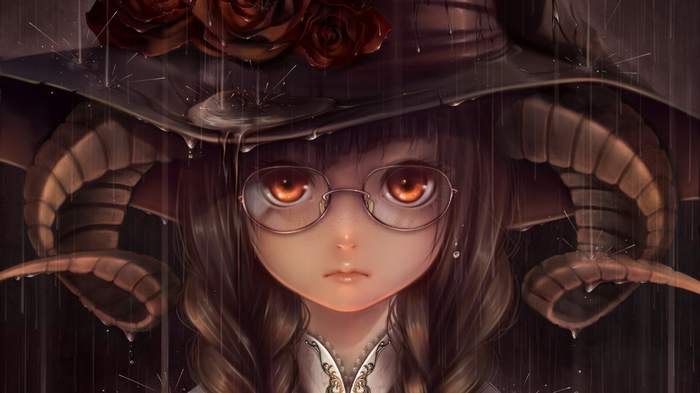 Anime girl with horns and glasses in the rain