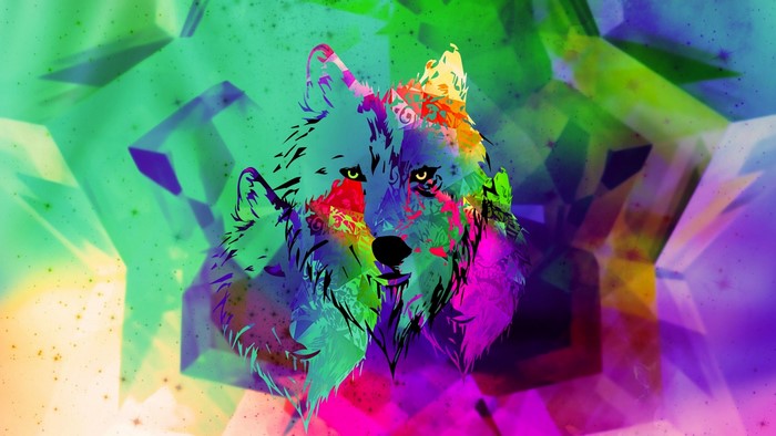 Psychedelic wolf portrait with geometric background