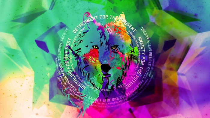 Psychedelic wolf with text overlay