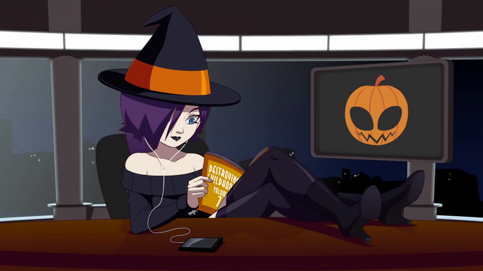 Zone Tan as a witch reading a book
