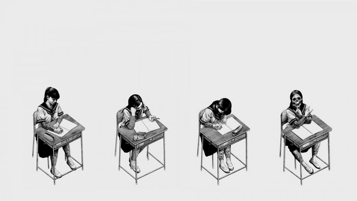 Illustration of students at desks, one a skeleton
