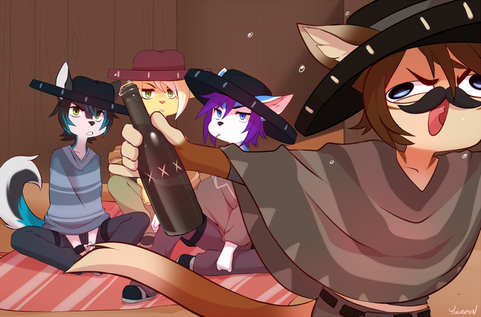 Furry characters drinking from a bottle