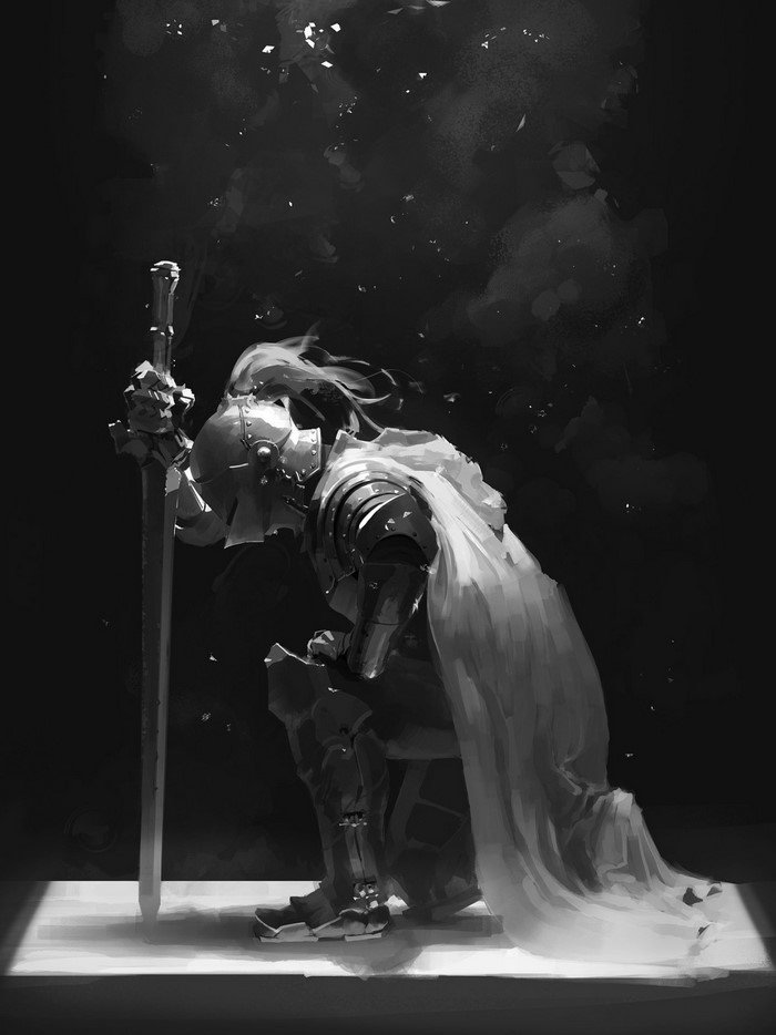 Knight kneeling with sword in monochrome art