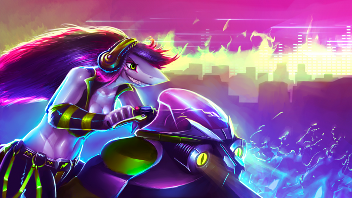 Furry shark on a motorcycle with headphones