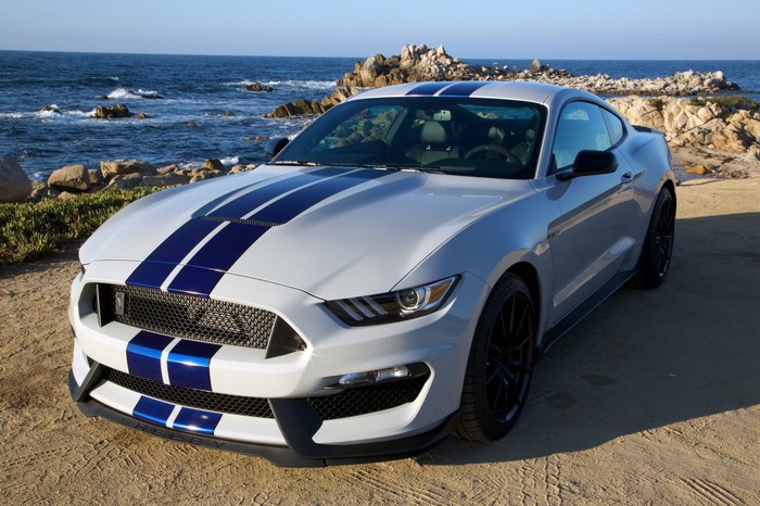 White Ford Mustang Shelby GT350 with Racing Stripes