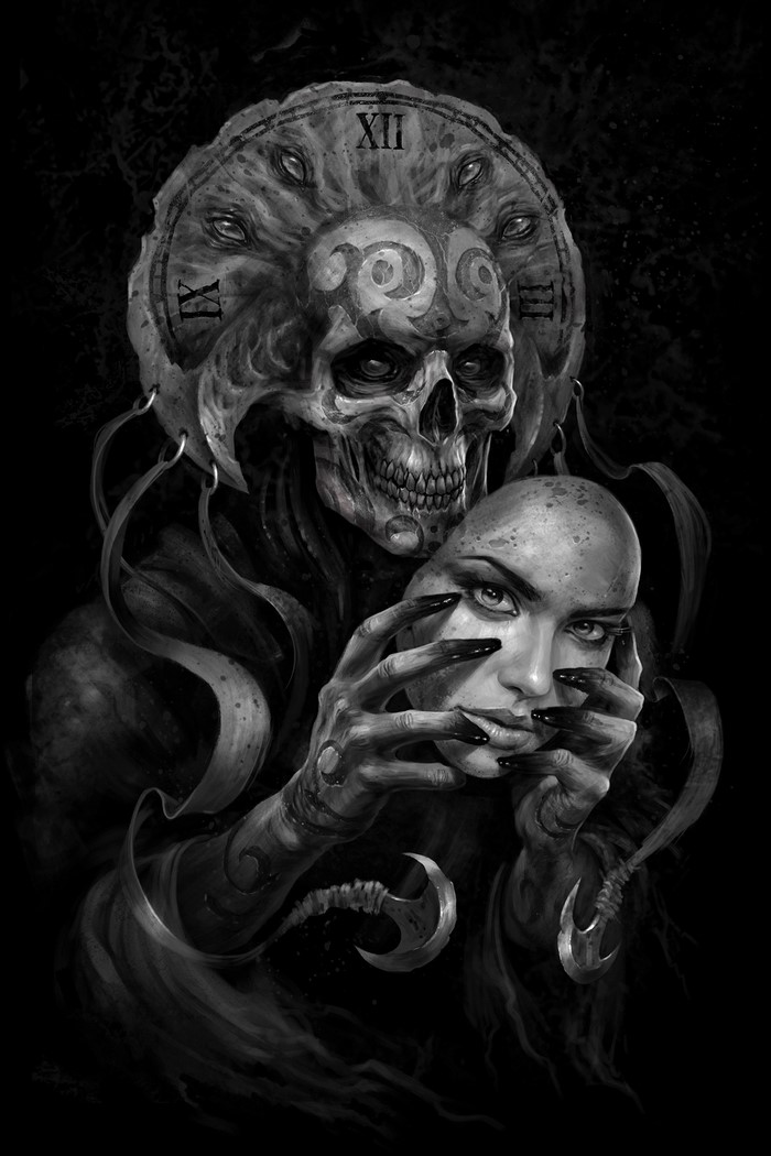 Skull wearing a clock and holding a face mask