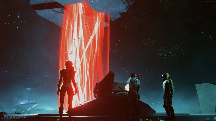 Mass Effect: Andromeda characters near a red energy beam