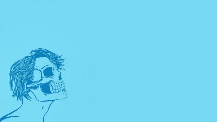 Blue line drawing of a skull with hair