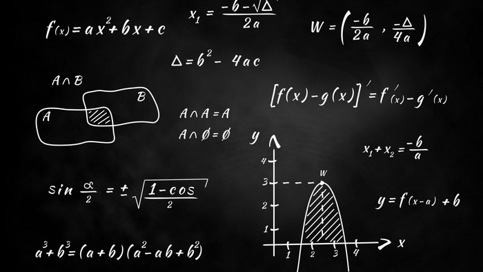 Mathematics formulas and graphs on a blackboard