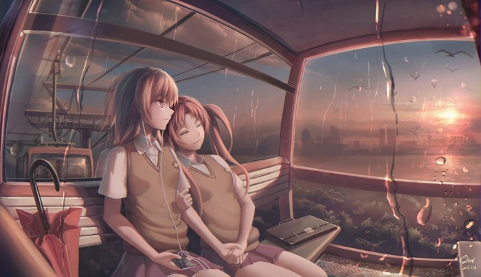 Misaka Mikoto and Shirai Kuroko from To Aru Kagaku no Railgun in a cable car
