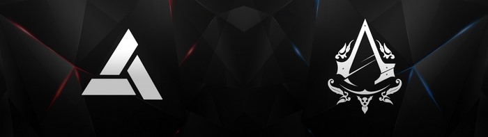 Assassin's Creed logo and abstract symbol on black background