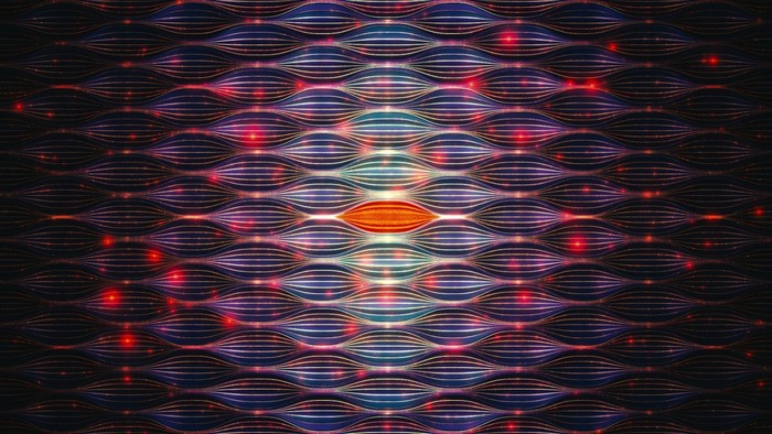 Abstract pattern with red and blue wavy lines and lights