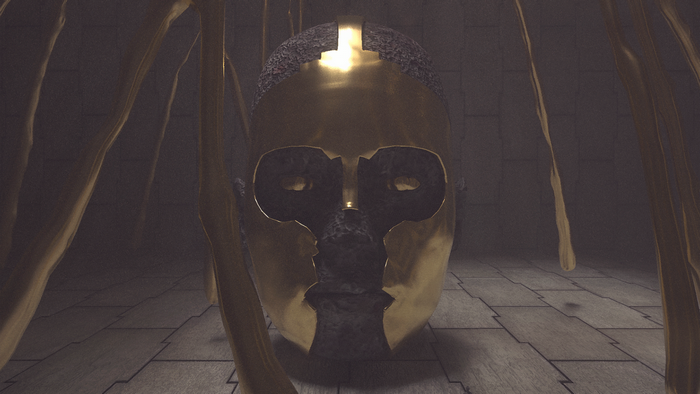 Golden mask in a dark temple with hanging vines