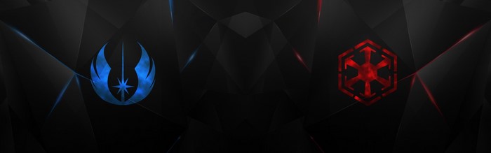 Jedi Order and Sith Empire symbols on black background