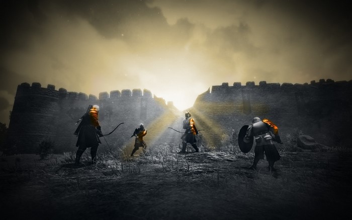 Warriors with bows and shields near a castle wall