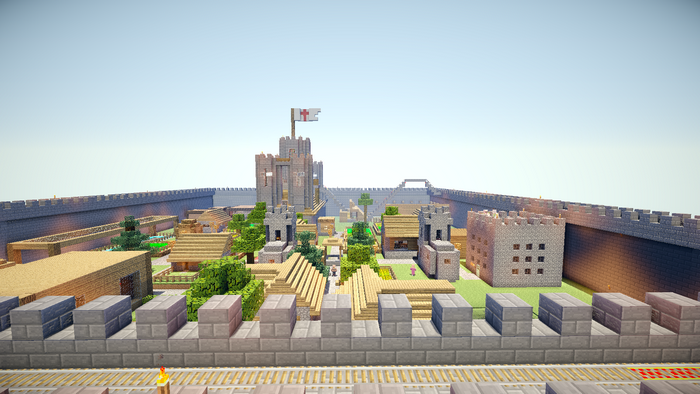Minecraft castle town with walls and flag