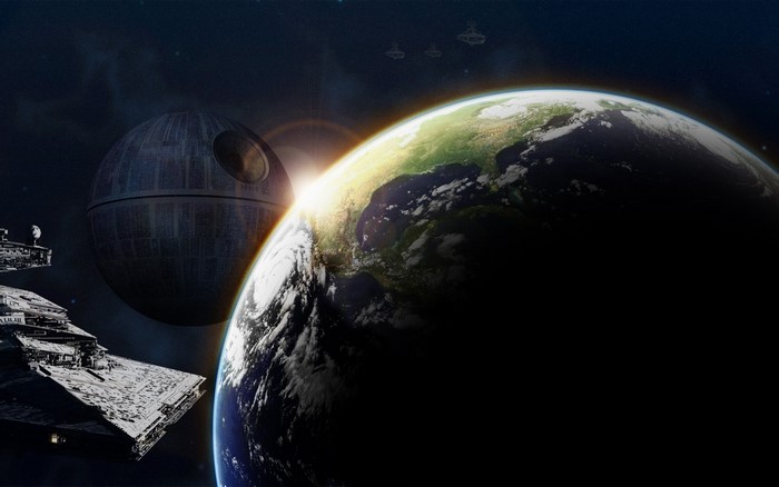 Star Wars Death Star and Star Destroyer near Earth