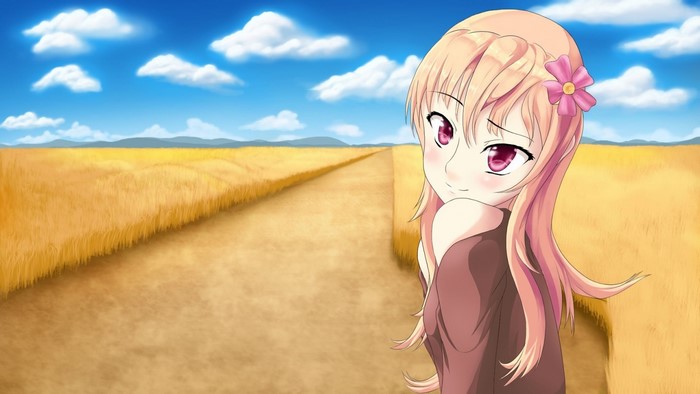 Anime girl with pink flower in wheat field