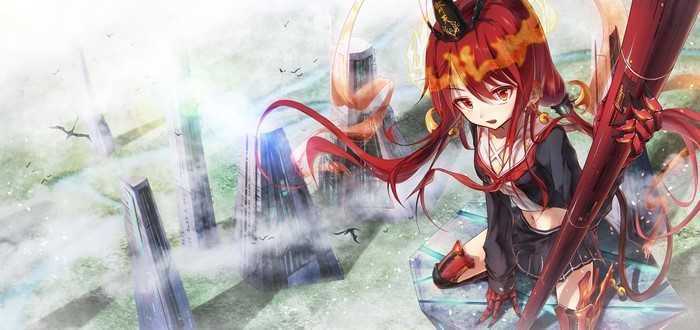 Anime girl with red hair and a large spear
