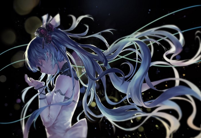 Hatsune Miku from Vocaloid with flowers in hair