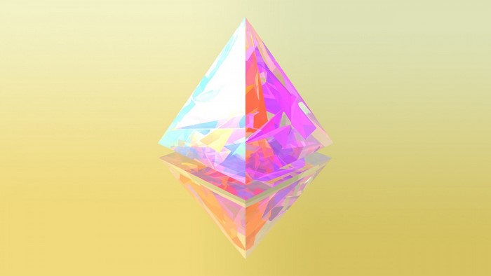 Abstract iridescent pyramid on a yellow background