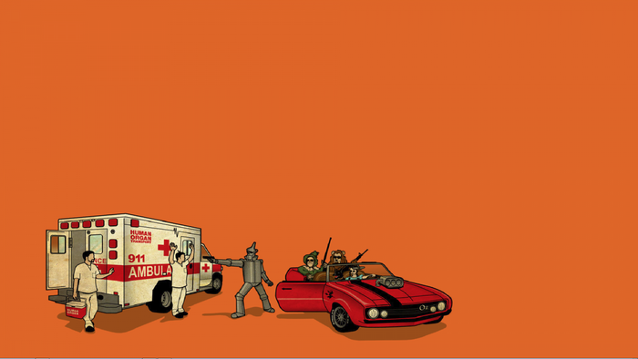 Tin Man and friends from The Wizard of Oz with ambulance and car
