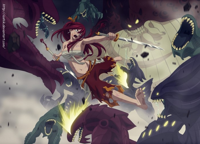 Erza Scarlet fighting monsters from Fairy Tail