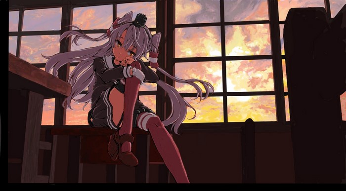 Amatsukaze from Kantai Collection in a classroom