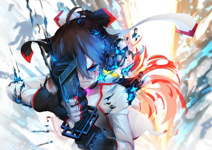 Anime girl with blue energy and a gun