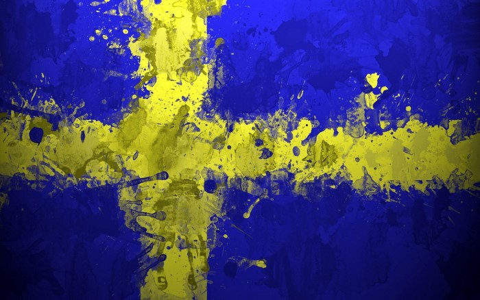 Abstract painting of the Swedish flag with paint splatters