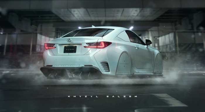 White Lexus RC F drifting in a futuristic urban environment