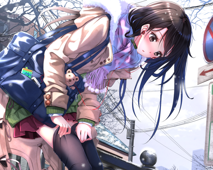 Anime girl with headphones in winter snow