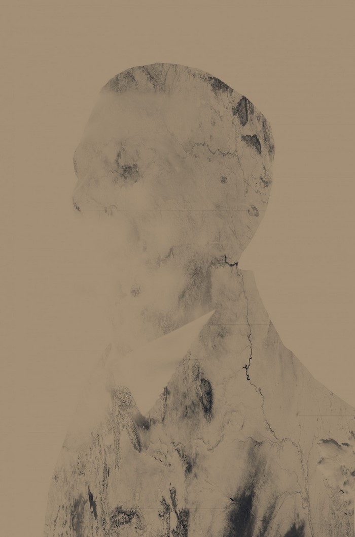 Double exposure portrait of a man with landscape