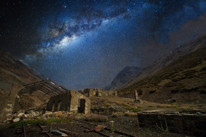 Abandoned railway station under the Milky Way in Chile