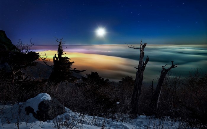 Night landscape with moon and sea of clouds in South Korea