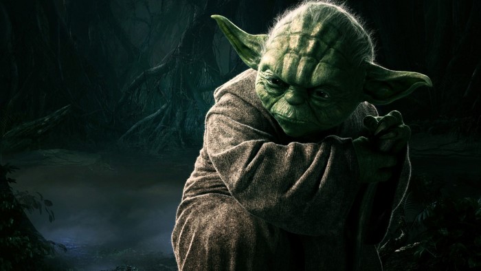 Yoda from Star Wars in a dark forest
