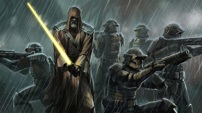 Jedi with yellow lightsaber and soldiers in rain