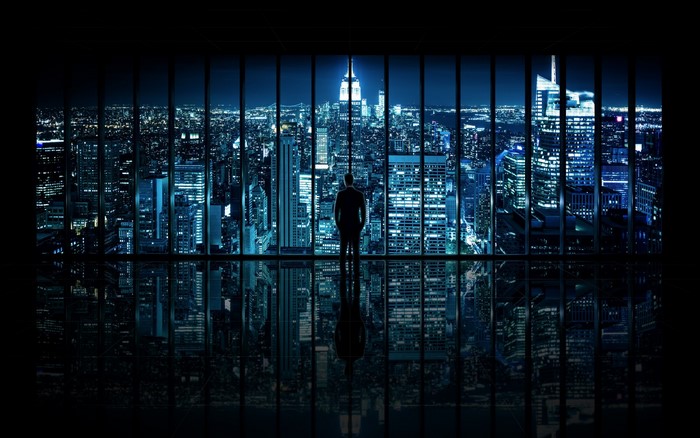 Man overlooking a city skyline at night