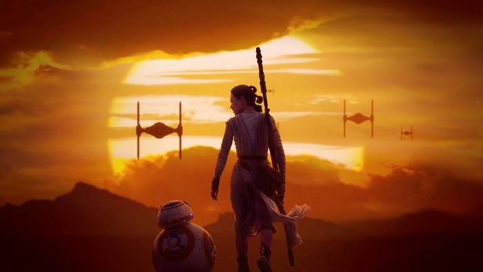 Rey and BB-8 from Star Wars at sunset