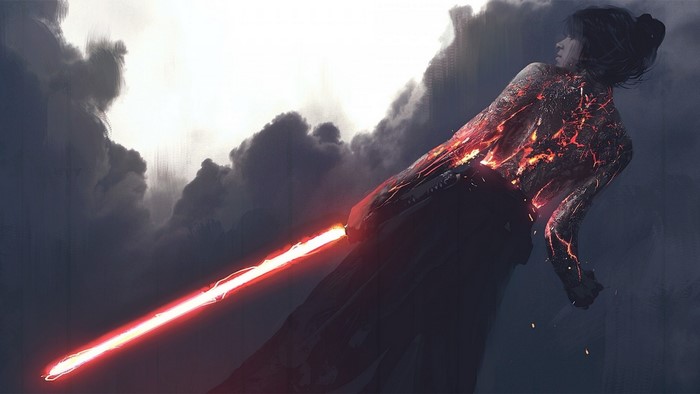 Sith with lava skin holding a red lightsaber