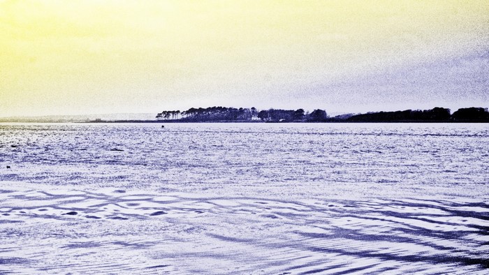 Island with trees on the horizon over a choppy sea