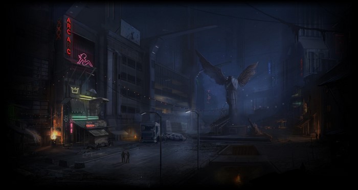 Afterfall Insanity screenshot of a dark city street at night