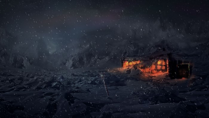 Fantasy art of a snow-covered landscape at night with a lit cabin