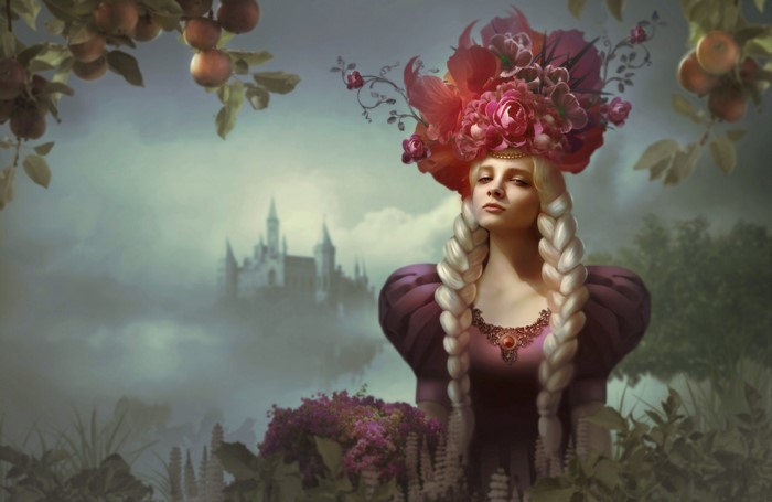Woman with flower hat and castle in fog