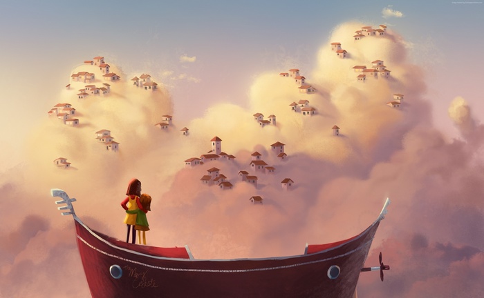 Two girls on a boat looking at cloud villages
