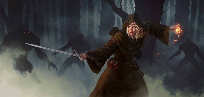Fantasy art of a woman fighting monsters in a forest